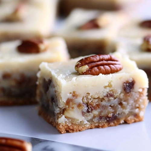Batch of homemade bars highlighting texture contrast between crust and topping.