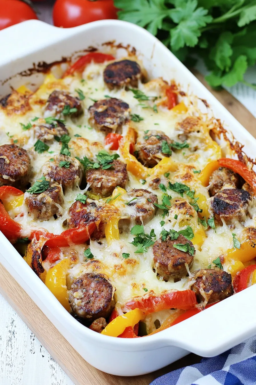 Golden cheese bubbling over sausage and colorful bell peppers in a white baking dish.
