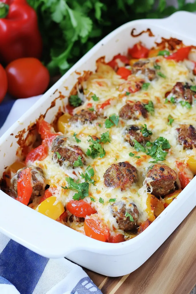 Close-up of a rustic casserole highlighting melted cheese, browned sausage, and vibrant roasted vegetables.