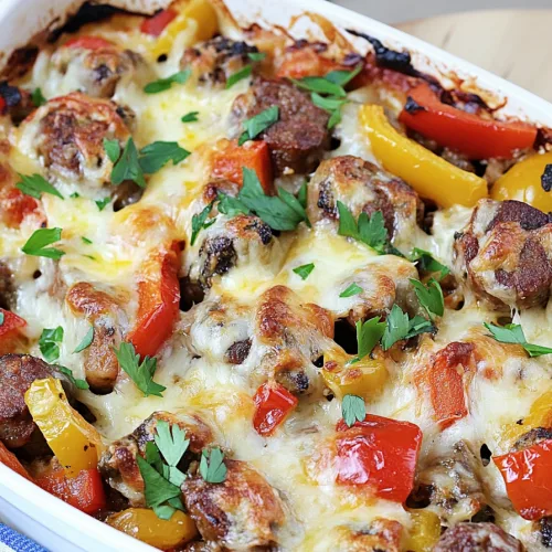 Baked casserole with browned sausage slices, melted cheese, and roasted peppers topped with fresh herbs.