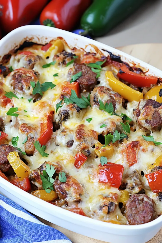 Baked casserole with browned sausage slices, melted cheese, and roasted peppers topped with fresh herbs.