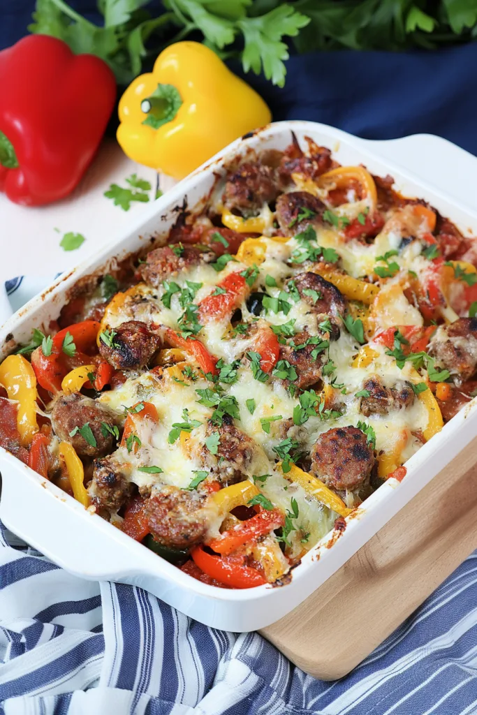 Hearty baked meal with sausage, peppers, and cheese, garnished with chopped parsley.