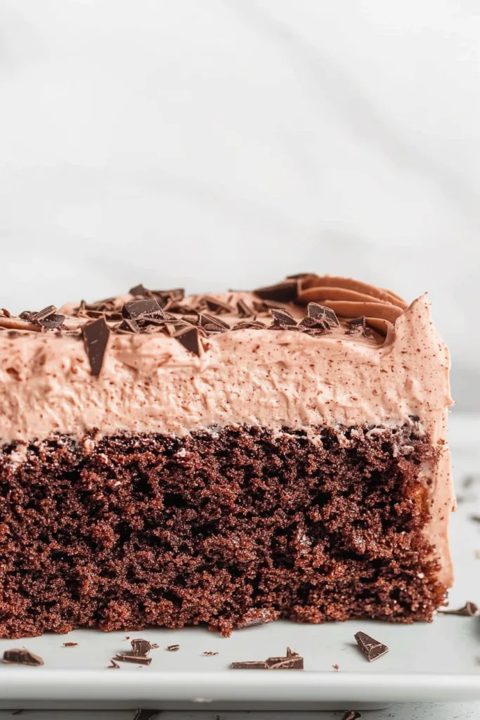 Elegant dessert presentation showing a single cake slice decorated with chocolate curls.
