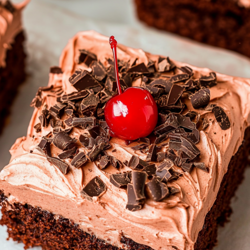 Dark chocolate sponge paired with light frosting, finished with a glossy red cherry.