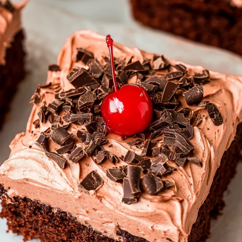 Dark chocolate sponge paired with light frosting, finished with a glossy red cherry.