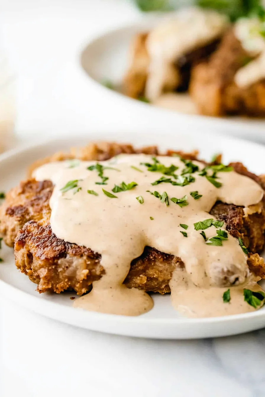 Hearty Southern-style fried beef steak served with smooth mashed potatoes and creamy sauce.