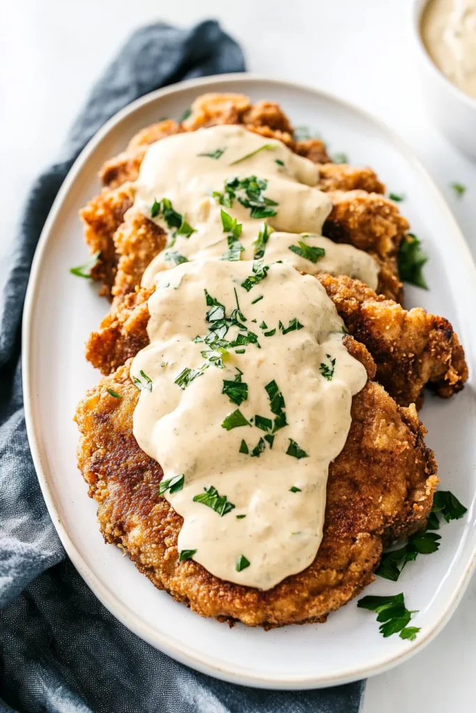 Homemade comfort food dinner featuring crispy beef cutlets with creamy country-style sauce.
