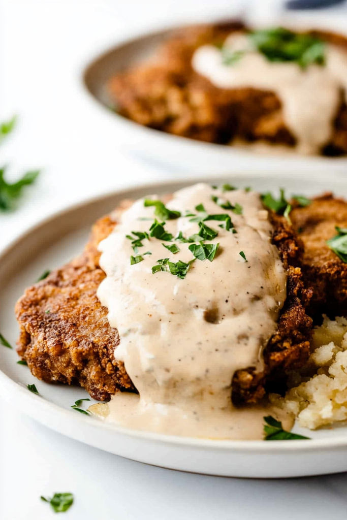 Golden fried steak smothered in rich pepper gravy on a plate with fluffy mashed potatoes.
