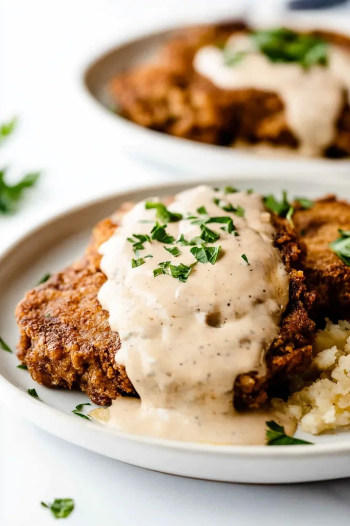 Golden fried steak smothered in rich pepper gravy on a plate with fluffy mashed potatoes.