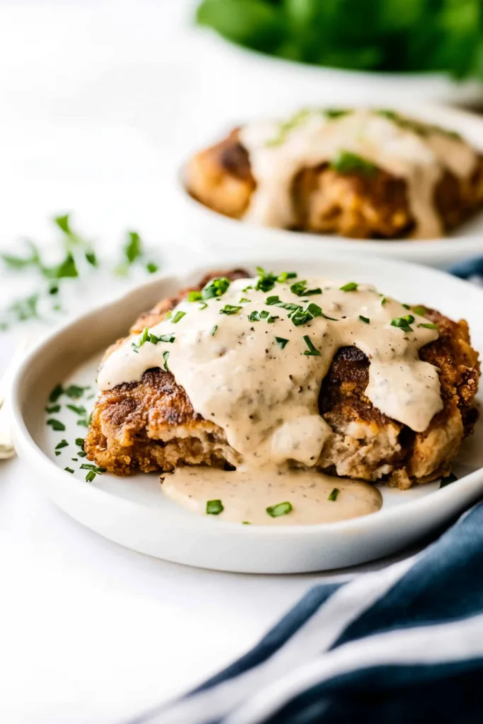 Crispy breaded steak topped with creamy gravy and fresh parsley served over mashed potatoes.