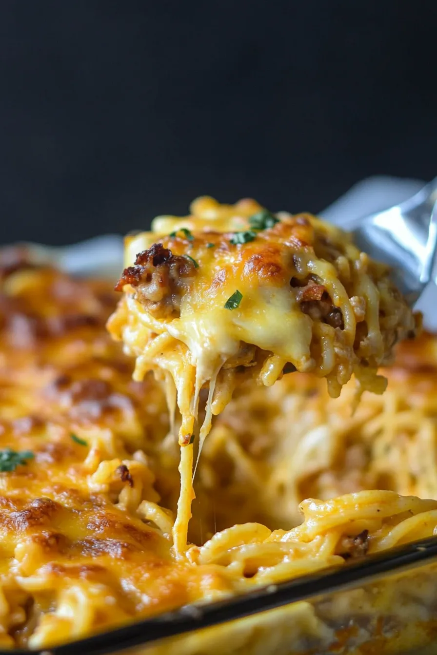 Serving spoon lifting a portion of cheesy pasta bake from the dish.