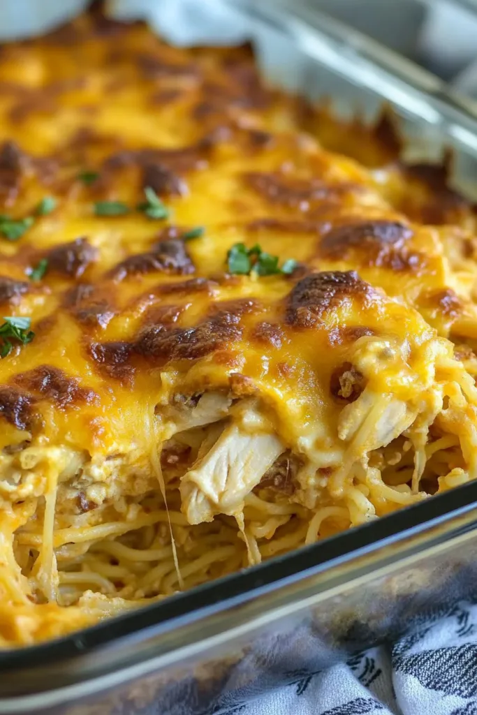 Golden-brown casserole fresh from the oven, topped with melted cheese and parsley.