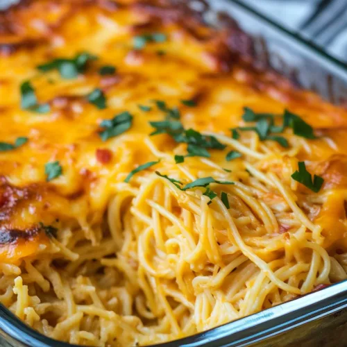 Rectangular glass dish filled with baked noodles and bubbling sauce.