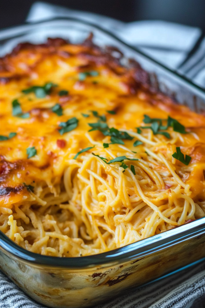Rectangular glass dish filled with baked noodles and bubbling sauce.
