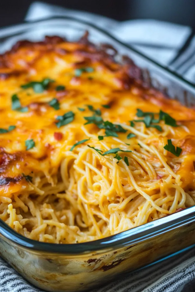Rectangular glass dish filled with baked noodles and bubbling sauce.