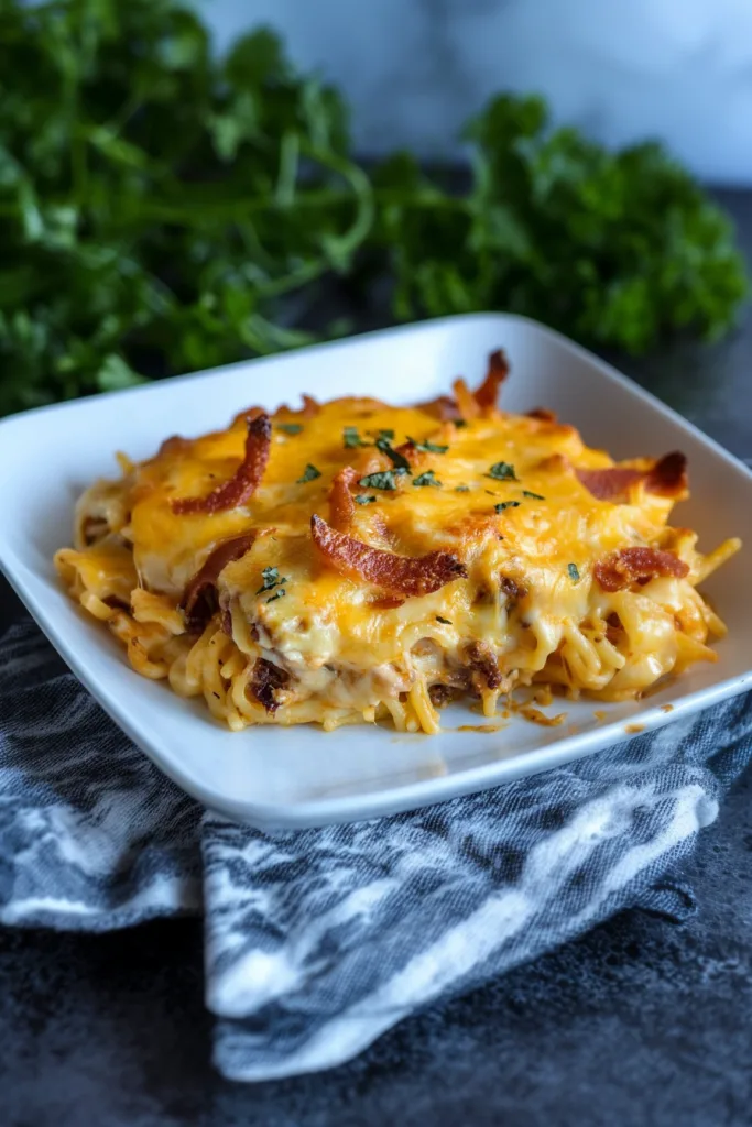Comfort food casserole with browned cheese topping and visible spaghetti strands.