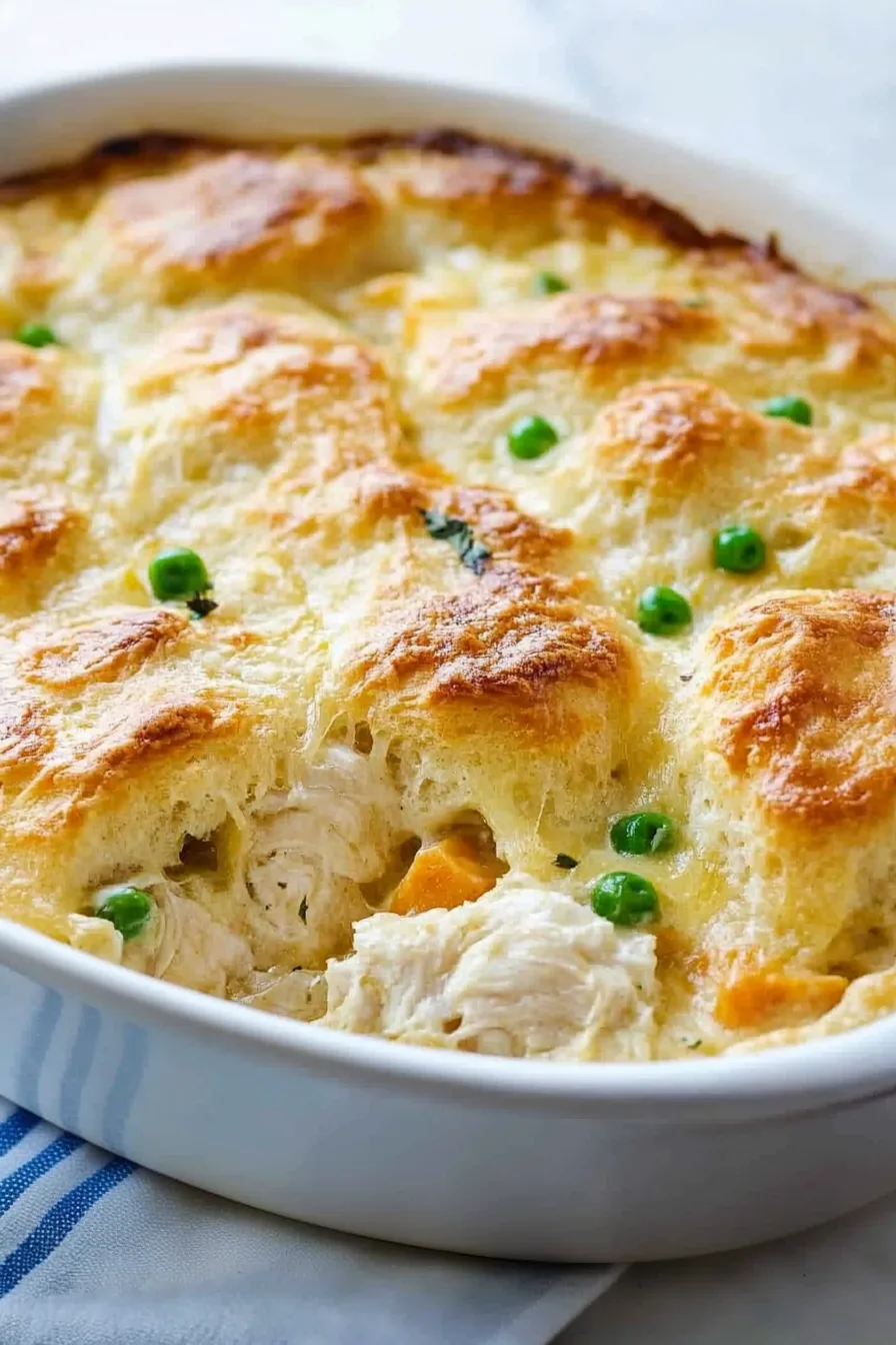 Comfort food bake showing crisp biscuit layer and rich filling of peas, carrots, and corn.
