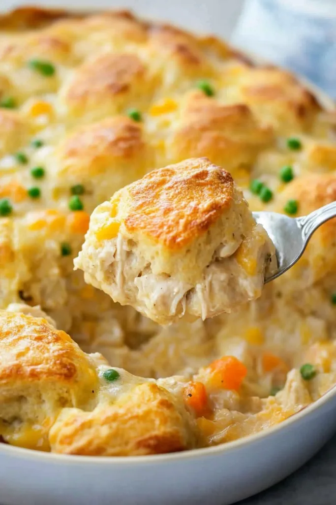 Close-up of a spoon lifting a portion of casserole with tender chicken and vegetables.