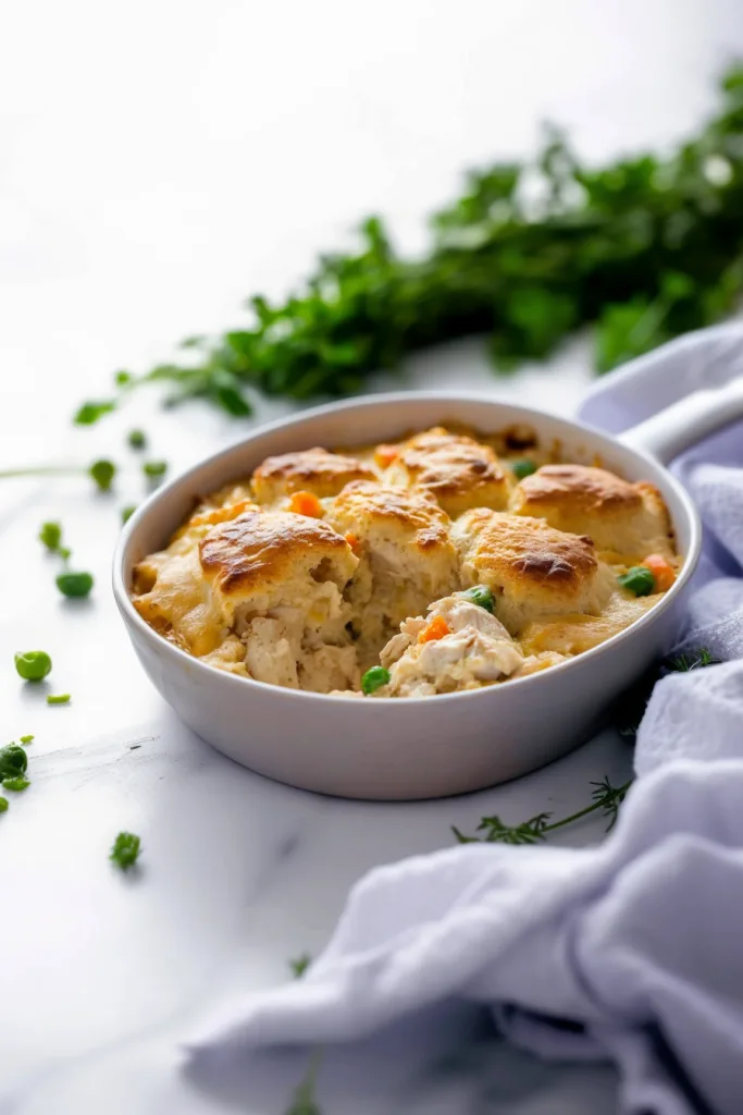 Golden, flaky biscuit topping over a creamy chicken filling.