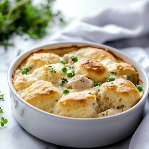 Bubbling, savory casserole with browned biscuit crust and creamy sauce underneath.