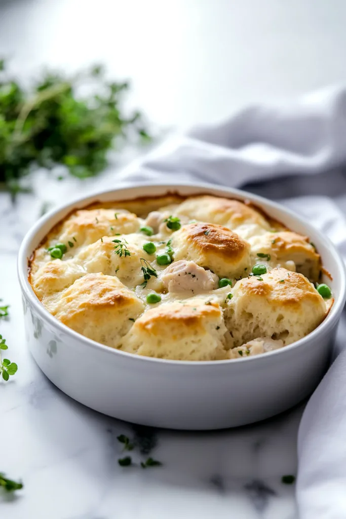 Bubbling, savory casserole with browned biscuit crust and creamy sauce underneath.