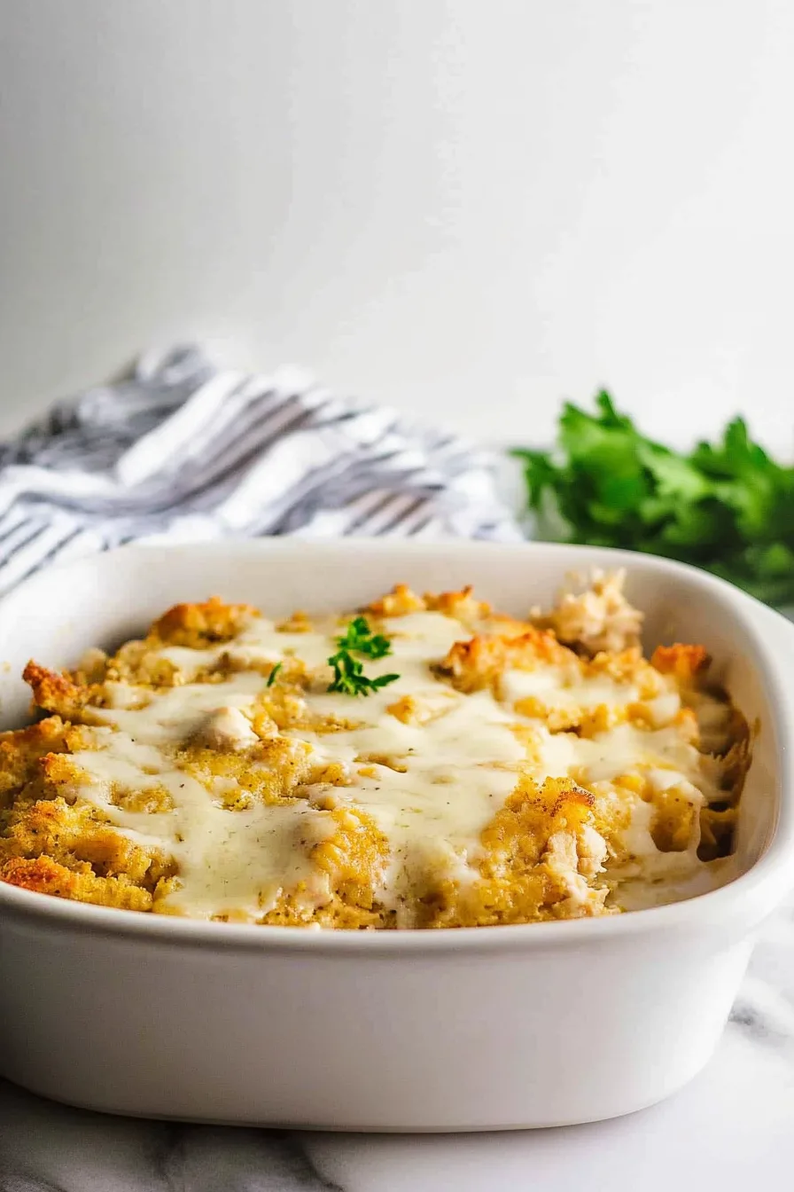 Warm and comforting chicken casserole topped with cheesy dressing in a white baking dish.