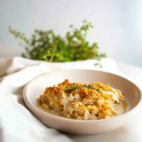 Classic Southern-style chicken and dressing casserole served hot and ready for dinner.