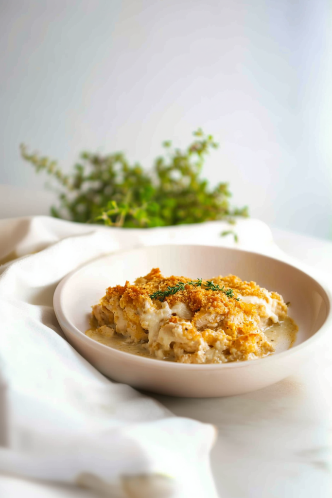 Classic Southern-style chicken and dressing casserole served hot and ready for dinner.