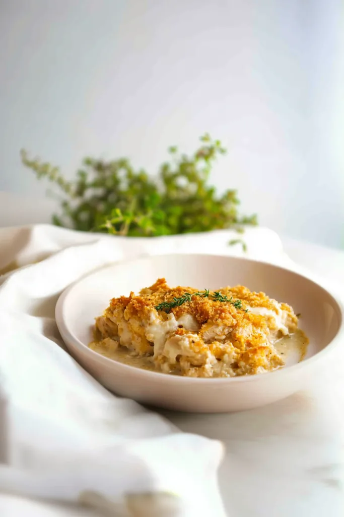 Classic Southern-style chicken and dressing casserole served hot and ready for dinner.
