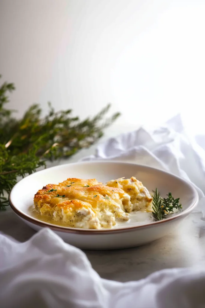Homemade chicken casserole fresh from the oven with savory dressing and melted cheese topping.