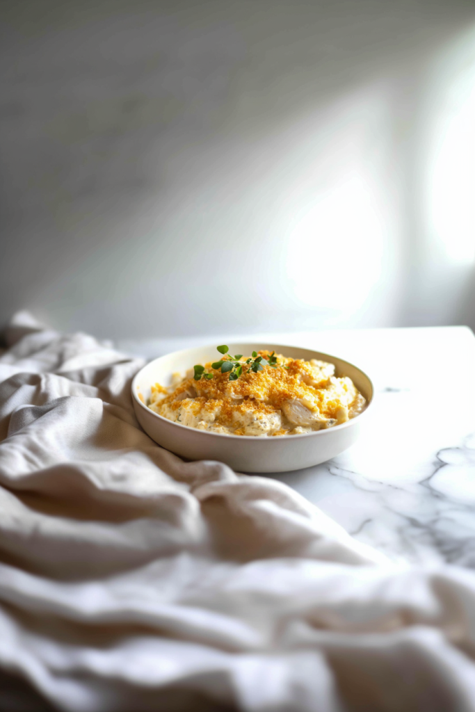 Creamy chicken and dressing casserole baked with melted cheese until golden and bubbly.