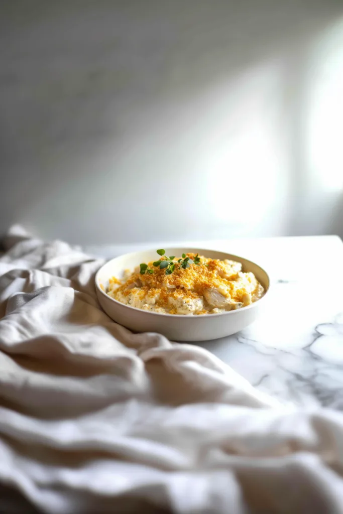 Creamy chicken and dressing casserole baked with melted cheese until golden and bubbly.