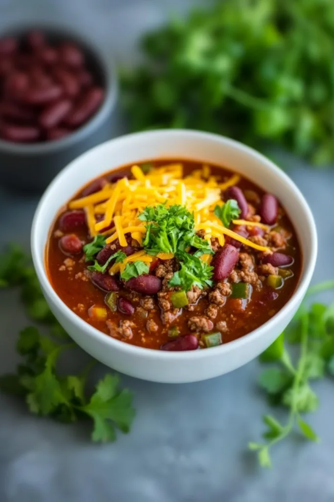 Final plated chili con carne highlighting vibrant colors and textures of the dish.