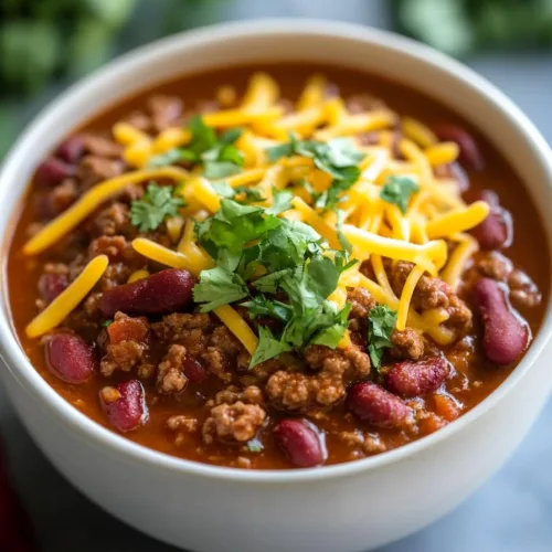 Comforting chili served in a white bowl, garnished with shredded cheese and herbs.