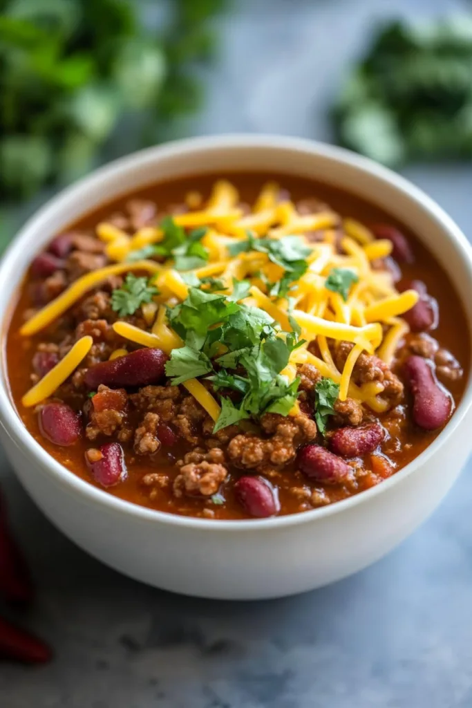 Comforting chili served in a white bowl, garnished with shredded cheese and herbs.