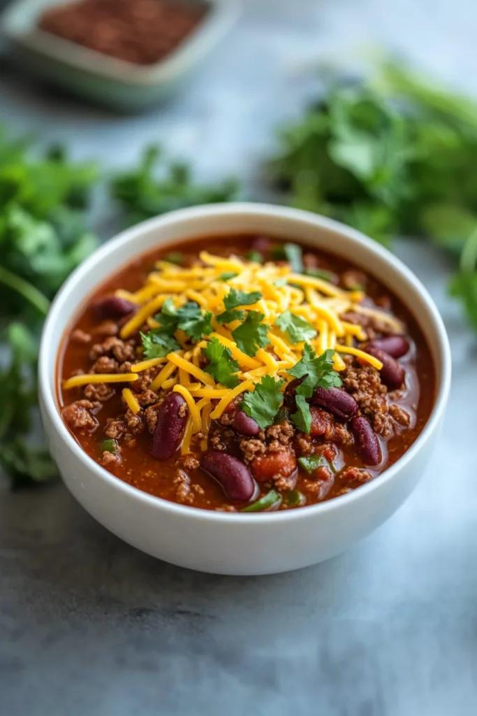 Hearty bowl of chili topped with melted cheddar, fresh cilantro, and green onions.