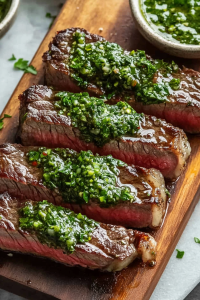 Tender sliced grilled steak with glossy chimichurri and visible pink center