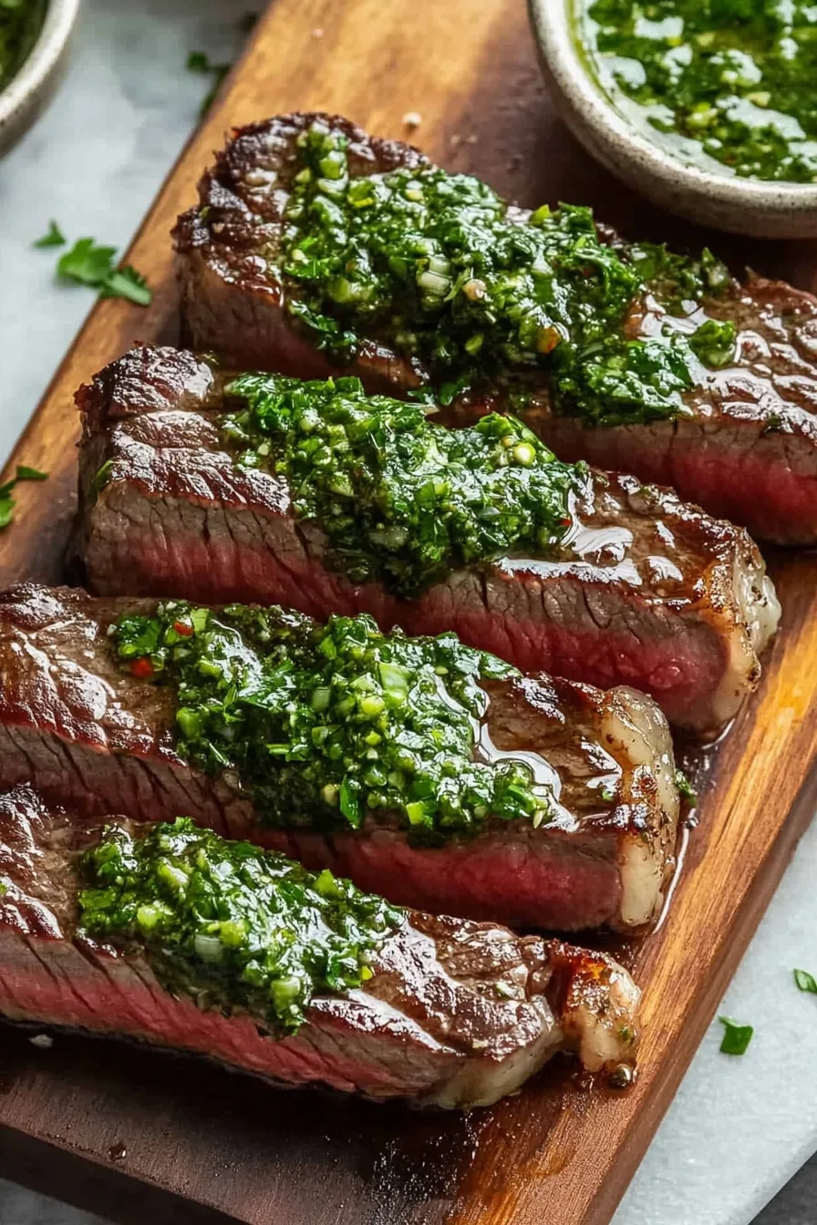 Tender sliced grilled steak with glossy chimichurri and visible pink center
