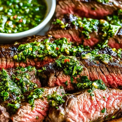 Juicy sliced steak topped with vibrant herb sauce and served on a platter