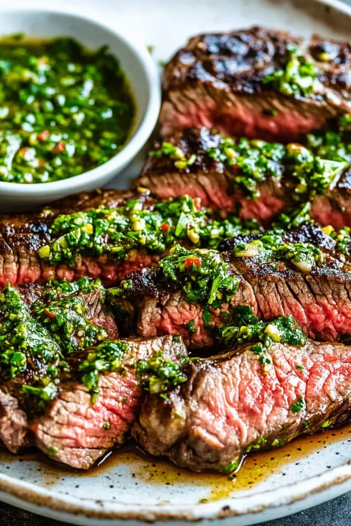Juicy sliced steak topped with vibrant herb sauce and served on a platter