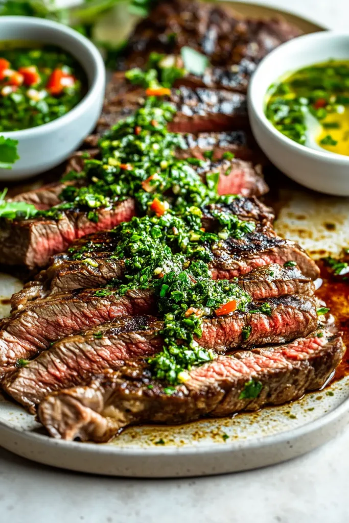 Medium-rare steak slices finished with a fresh green garlic and parsley sauce