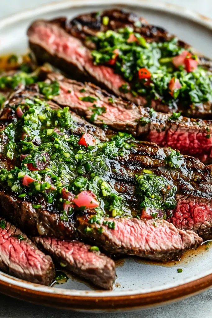 Perfectly cooked steak served with a zesty herb sauce and pan juices