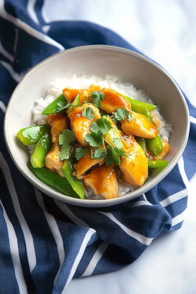 Serving bowl filled with saucy chicken and bell peppers, ready to eat.