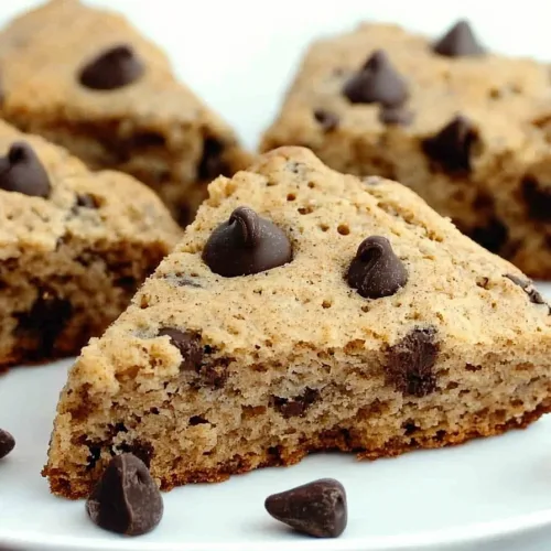 Golden-brown triangular scones dotted with melted chocolate chips on a white plate.