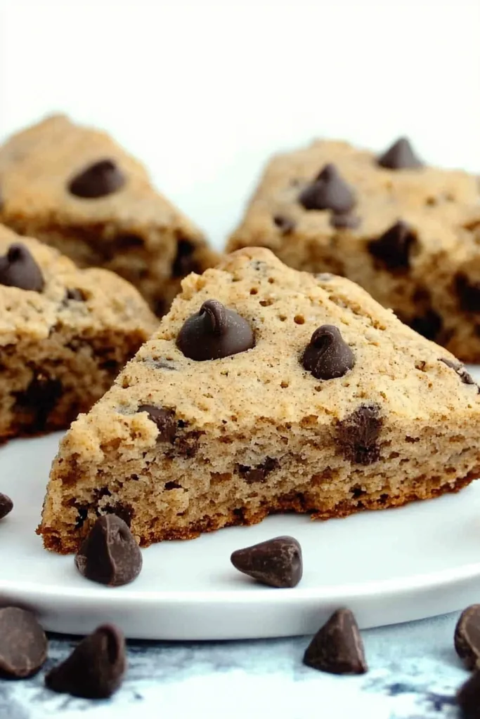Golden-brown triangular scones dotted with melted chocolate chips on a white plate.