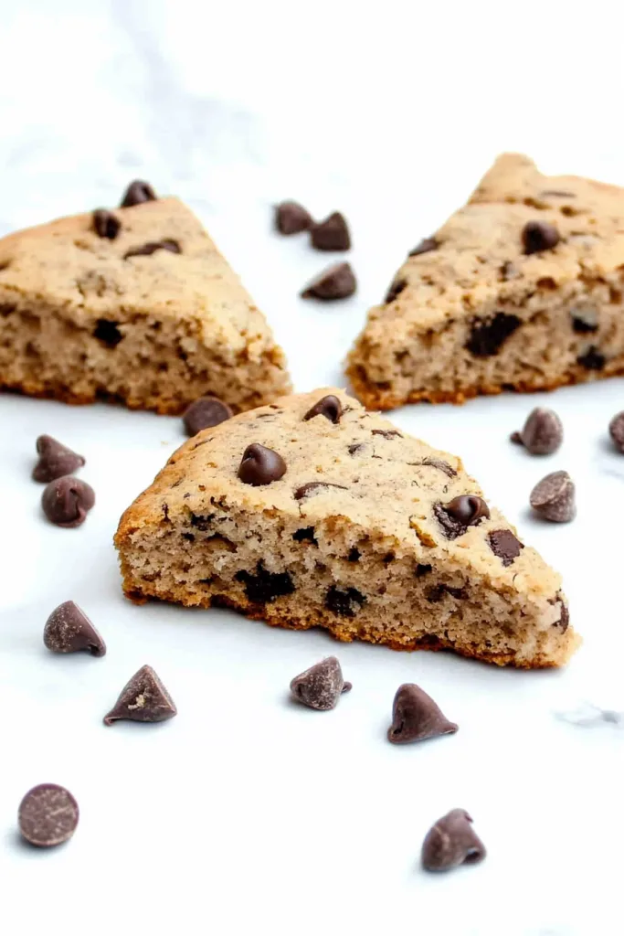 Freshly baked scones arranged neatly, with scattered chocolate chips adding rustic charm.