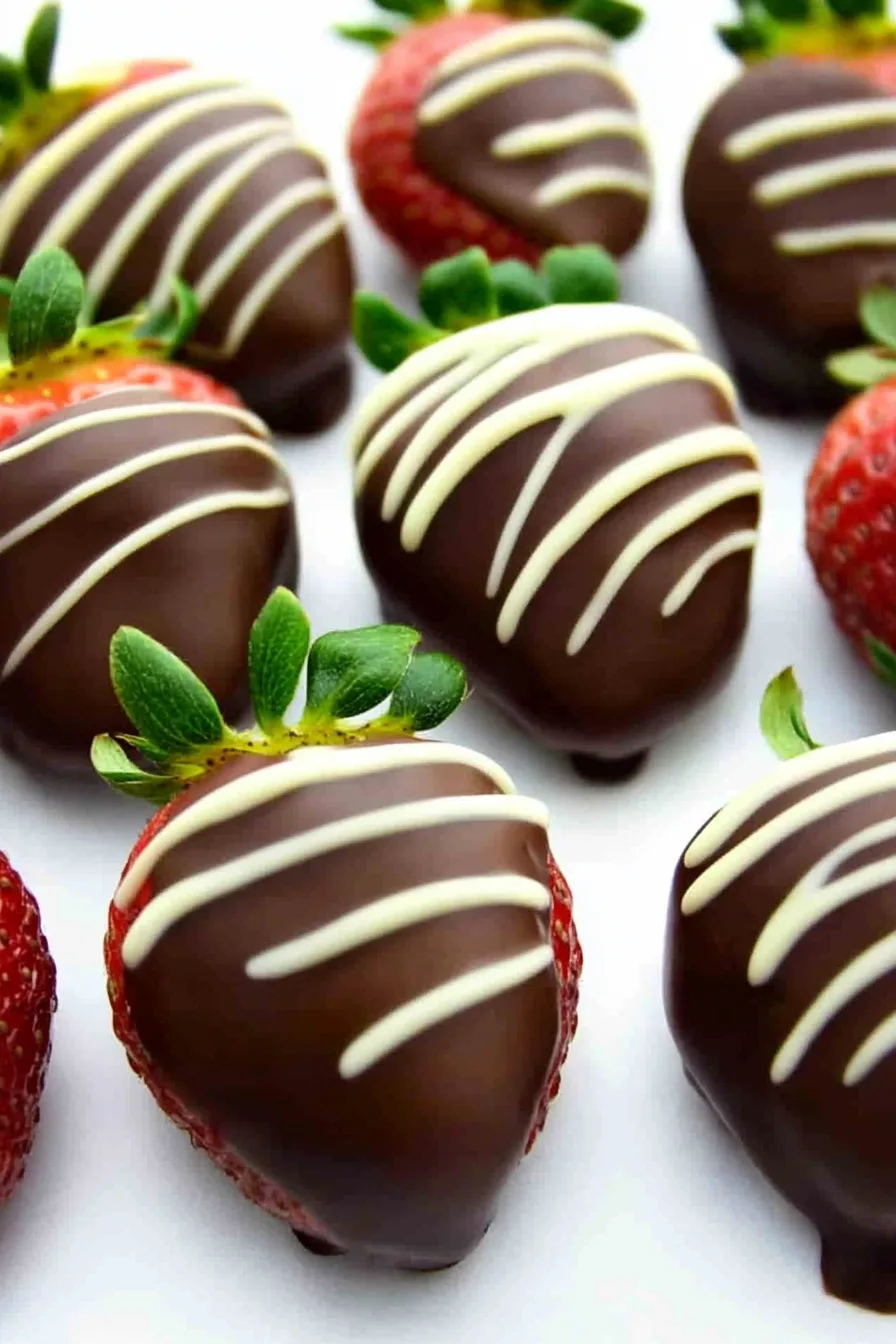 Neatly arranged strawberries with shiny chocolate coating and decorative white swirls.