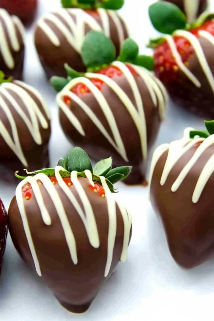 Elegant presentation of chocolate-dipped strawberries, combining rich texture with festive detail.