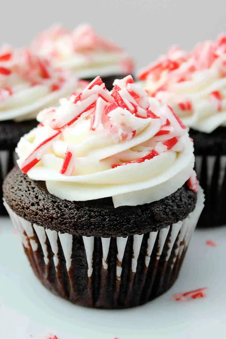 Close-up of frosted cupcakes highlighting the contrast between rich chocolate bases and festive candy garnish.