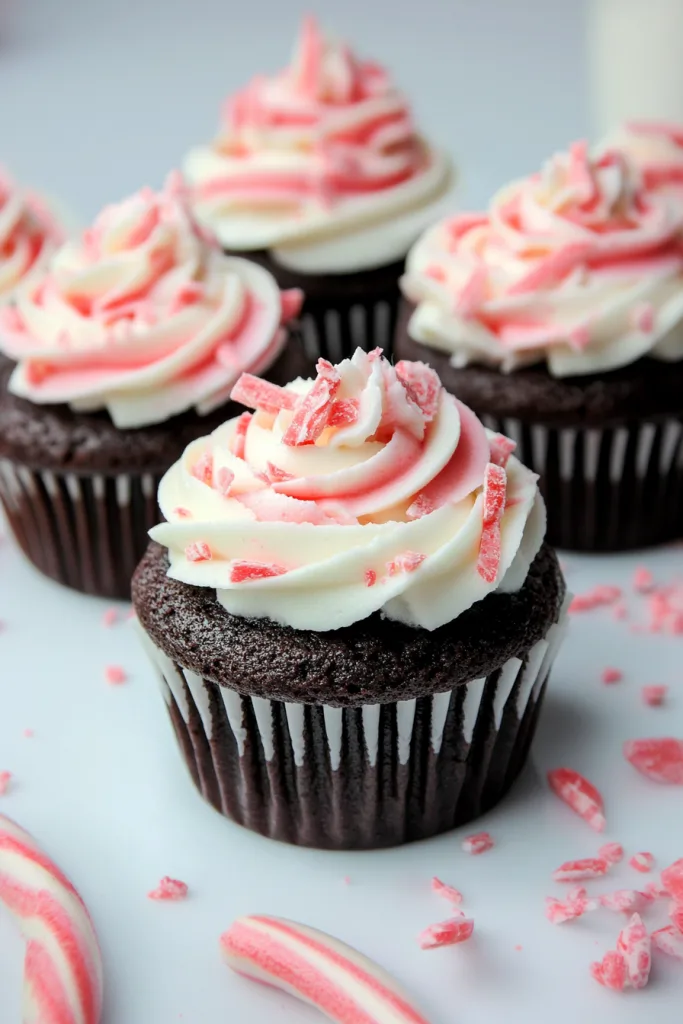 Dark chocolate cupcakes topped with swirls of pink and white frosting, sprinkled with crushed peppermint.